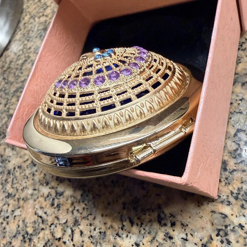 Peacock Rhinestone 3D Jeweled Gold‎ Compact Mirror Dual Sided Round Purse Travel